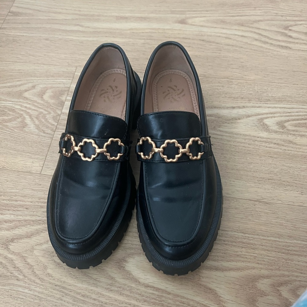 Black Loafers with Gold Chain Detail